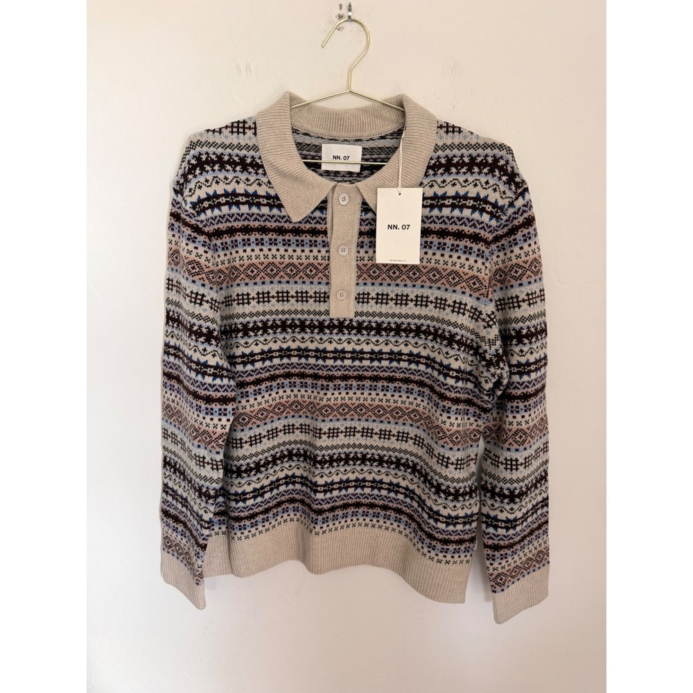 NN.07 Robbie 60004 Fair Isle Polo Sweater Mens Oatmeal Multi Wool Blend NWT